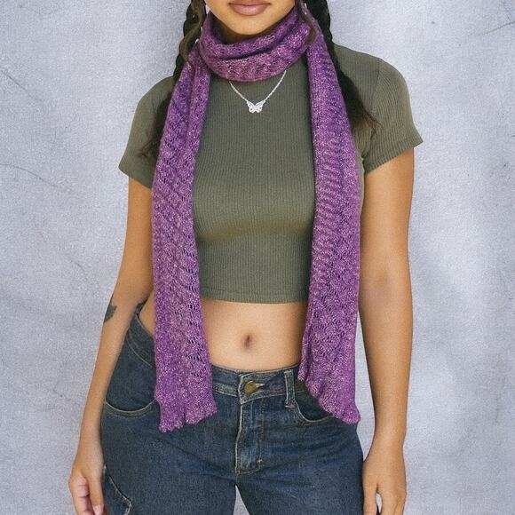 Vintage Y2K Nordstrom NWT Tussah Silk Blend Purple Metallic Ruffle Scarf - Picture 1 of 7